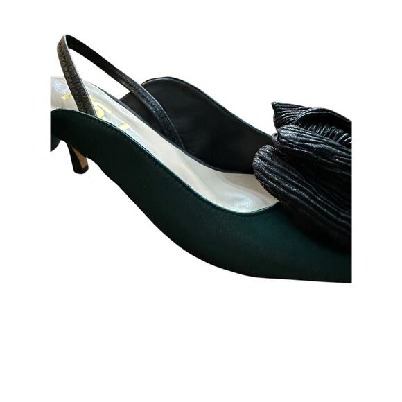 FSJ Green Satin Pointed Toe Low Heel Black Bow Slingback Pump Heels Size 7 - Picture 11 of 11
